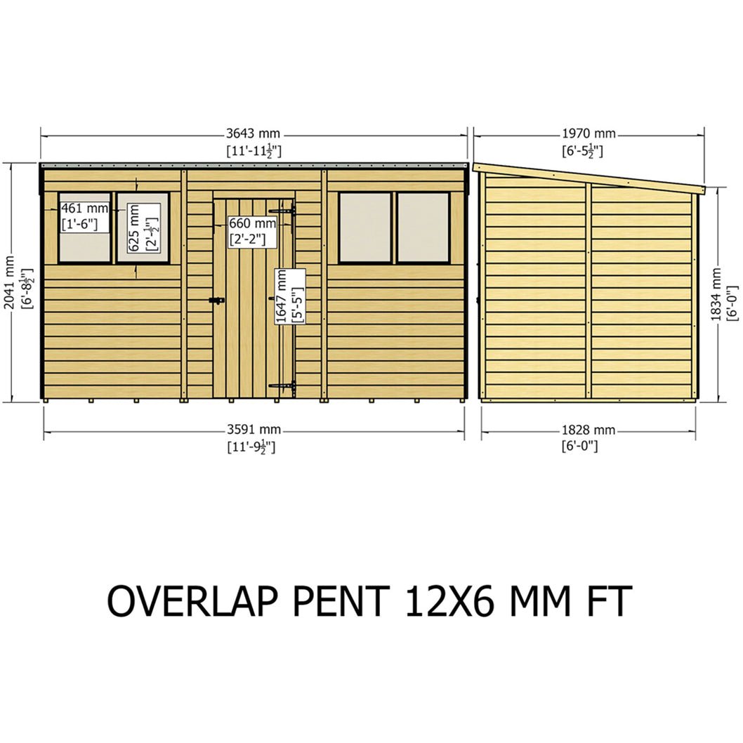 Shire Overlap Pent Single Door 12x6ft No windows Wooden Shed - JJ Building Materials