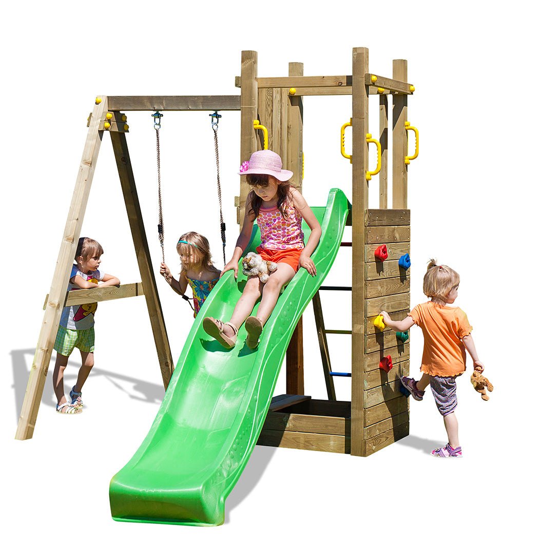 Shire Rumble Ridge Rock Wall Climbing Frame with Single Swing and Slide - JJ Building Materials