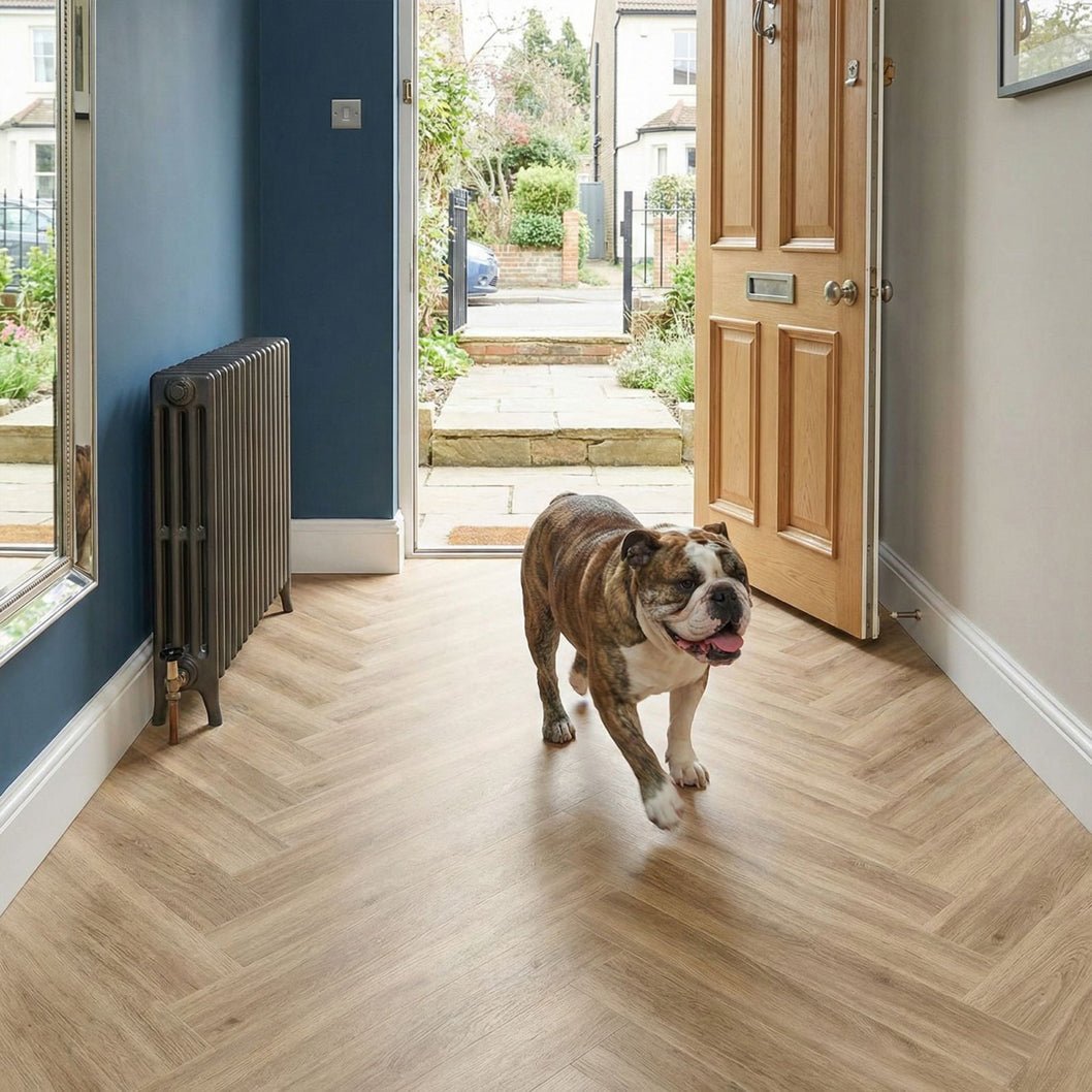 Timba Aquacore ProFlex SPC Collection Herringbone English Oak (H1) 5.5 x 122 x 610mm (inc. 1mm IXPE) Pack Size: 1.935m² - JJ Building Materials