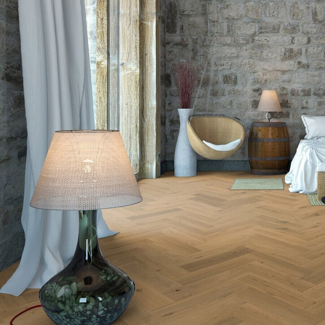 Timba Maxiply Pro Trade Clic Engineered Herringbone Natural Oak: Brushed & Matt Lacquered 12/3 x 150 x 600mm Pack Size: 2.16m² - JJ Building Materials