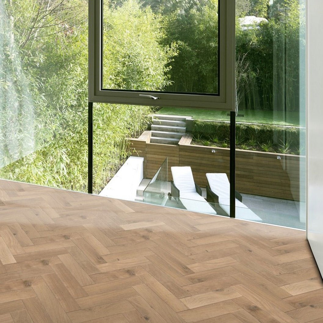Timba Structural Engineered Herringbone Natural Oak: Brushed & Unfinished 20/6 x 120 x 600mm Pack Size: 1.44m² - JJ Building Materials