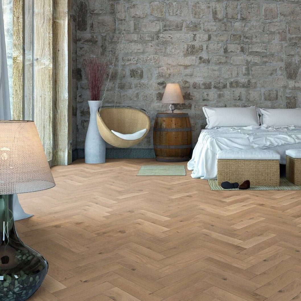 Timba Structural Engineered Herringbone Natural Oak: Brushed & UV Oiled 20/6 x 120 x 600mm Pack Size: 1.44m² - JJ Building Materials