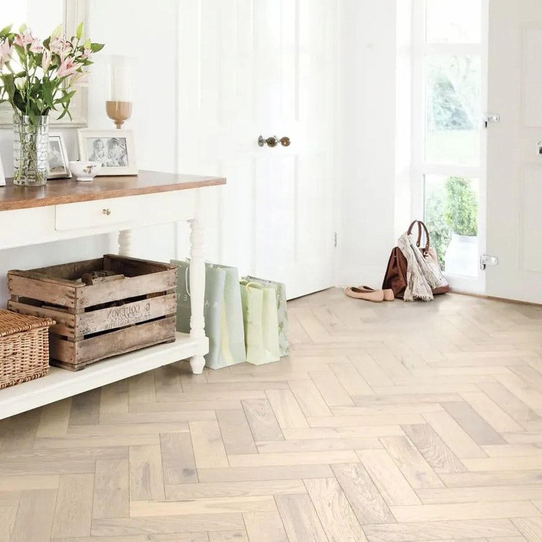 Timba Tradeline Collection Engineered Herringbone Artic Brushed & UV Oiled Oak (Herringbone) 14/3x90x450 Pack Size: 1.296m2 - JJ Building Materials