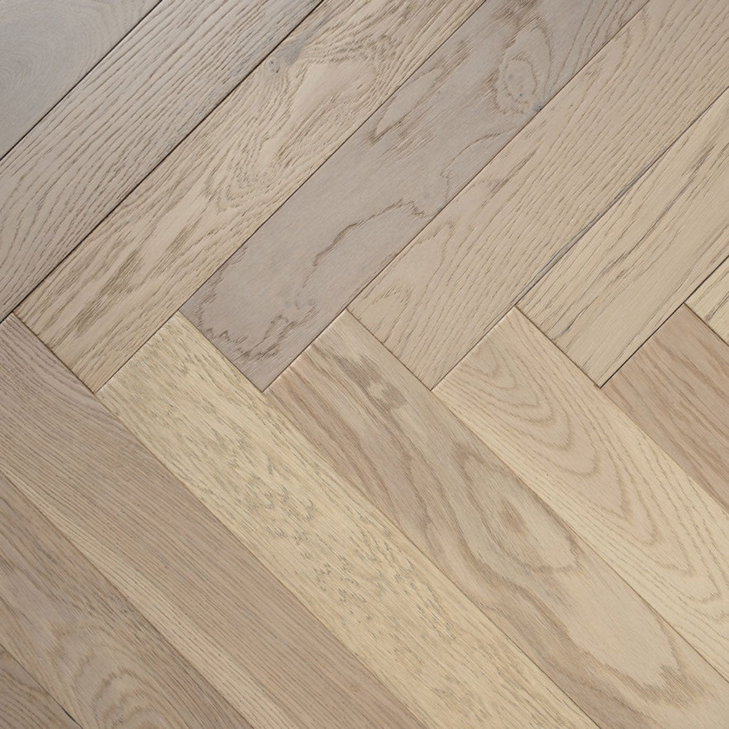 Timba Tradeline Collection Engineered Herringbone Artic Brushed & UV Oiled Oak (Herringbone) 14/3x90x450 Pack Size: 1.296m2 - JJ Building Materials