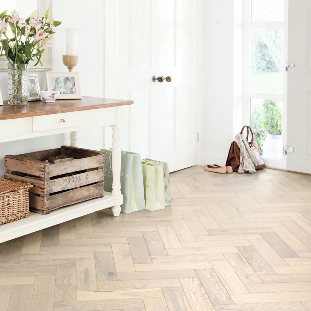Timba Tradeline Collection Engineered Herringbone Artic Brushed & UV Oiled Oak (Herringbone) 14/3x90x450 Pack Size: 1.296m2 - JJ Building Materials