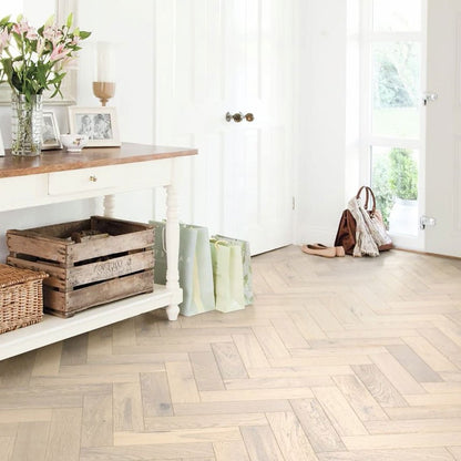 Timba Tradeline Collection Engineered Herringbone Artic Brushed & UV Oiled Oak (Herringbone) 14/3x90x450 Pack Size: 1.296m2 - JJ Building Materials