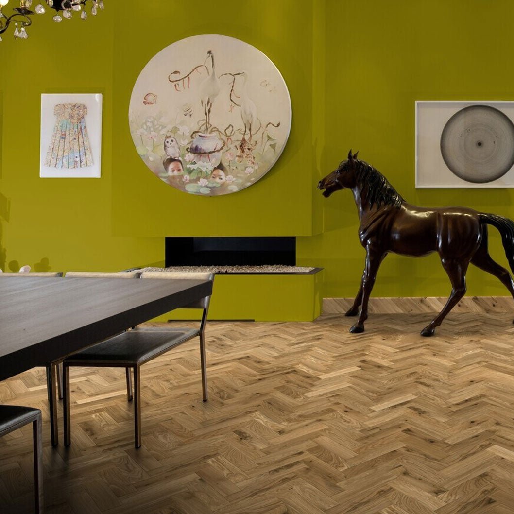 Timba Tradeline Collection Engineered Herringbone Natural Oak: Brushed & UV Oiled Oak (Herringbone) 14/3x90x450 Pack Size: 1.296m2 - JJ Building Materials