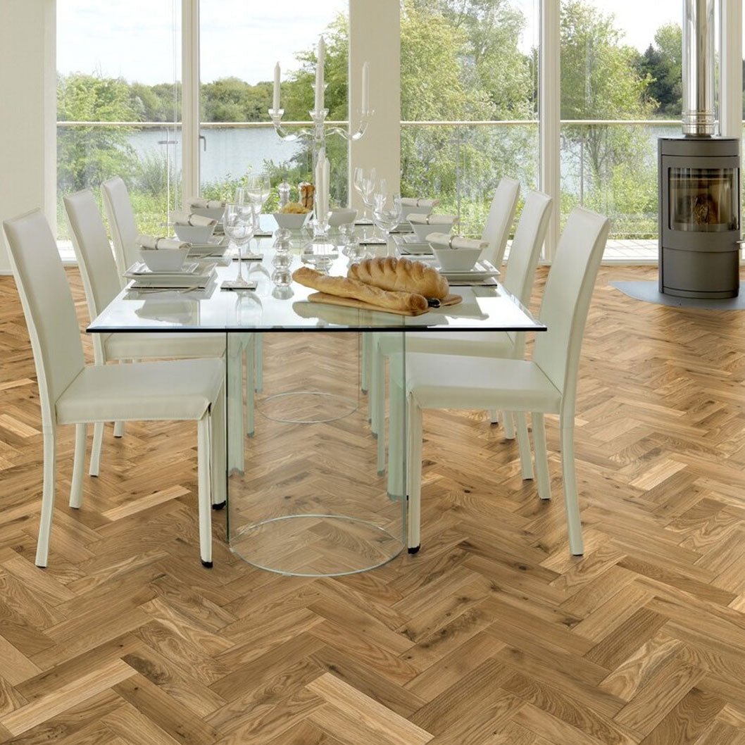 Timba Tradeline Collection Engineered Herringbone Natural Oak: Brushed & UV Oiled Oak (Herringbone) 14/3x90x450 Pack Size: 1.296m2 - JJ Building Materials