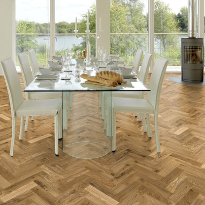 Timba Tradeline Collection Engineered Herringbone Natural Oak: Brushed & UV Oiled Oak (Herringbone) 14/3x90x450 Pack Size: 1.296m2 - JJ Building Materials