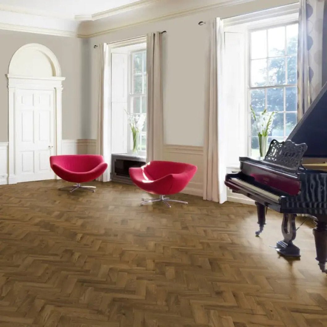 Timba Tradeline Collection Engineered Herringbone Smoked Brushed & UV Oiled Oak (Herringbone) 14/3x90x450 Pack Size: 1.296m2 - JJ Building Materials