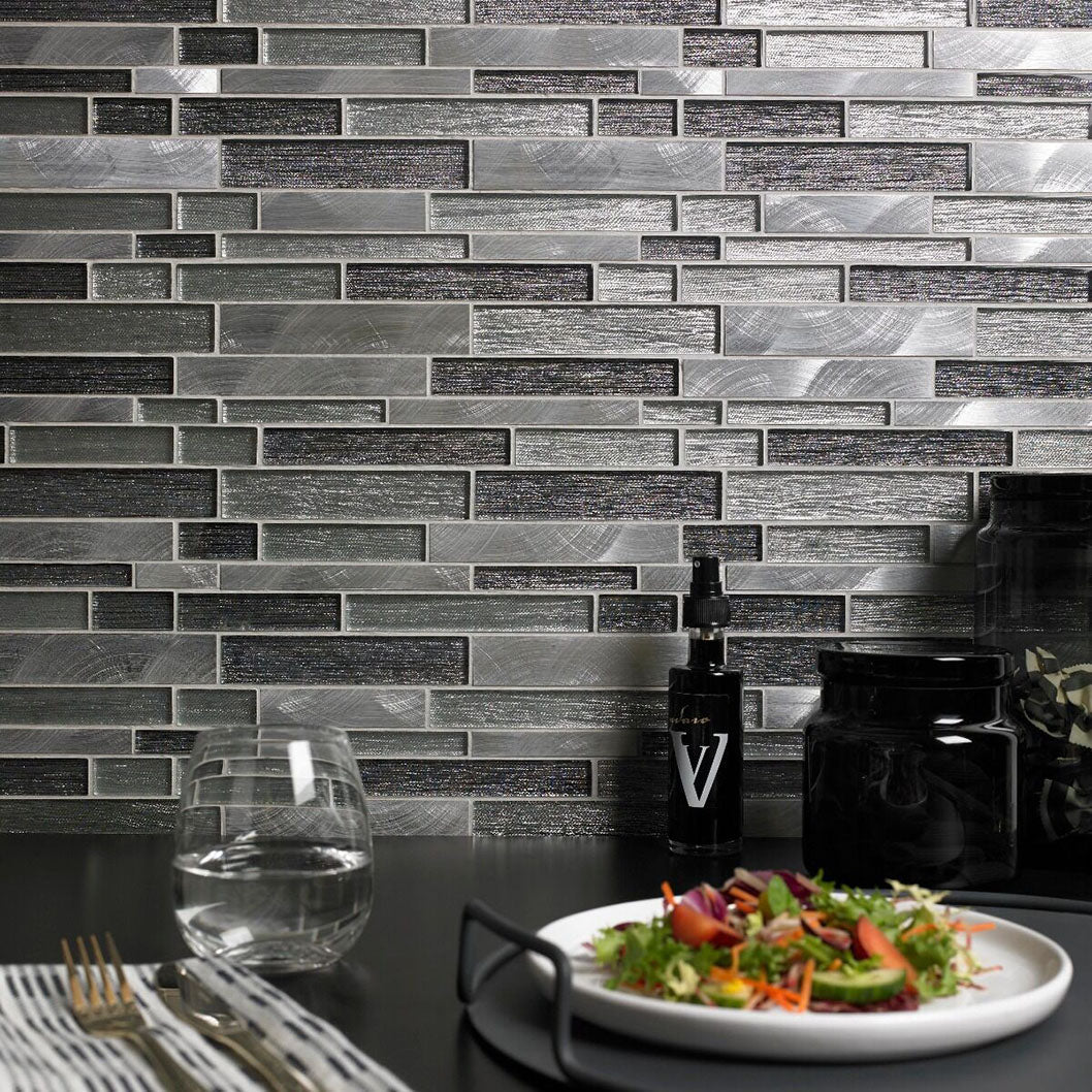 Verona Ashby Grey Glass & Metal Mix Offset Linear Mosaic 300x300mm - JJ Building Materials