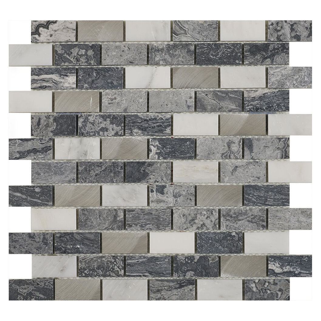 Verona Castell Grey Stone & Metal Mix Brick Mosaic 300x300mm - JJ Building Materials