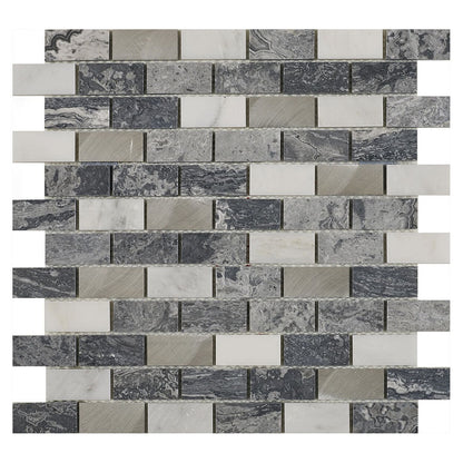 Verona Castell Grey Stone & Metal Mix Brick Mosaic 300x300mm - JJ Building Materials