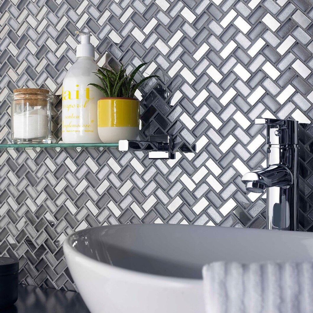 Verona Dusk Grey Herringbone Glass & Mirror Mosaic 270x290mm - JJ Building Materials