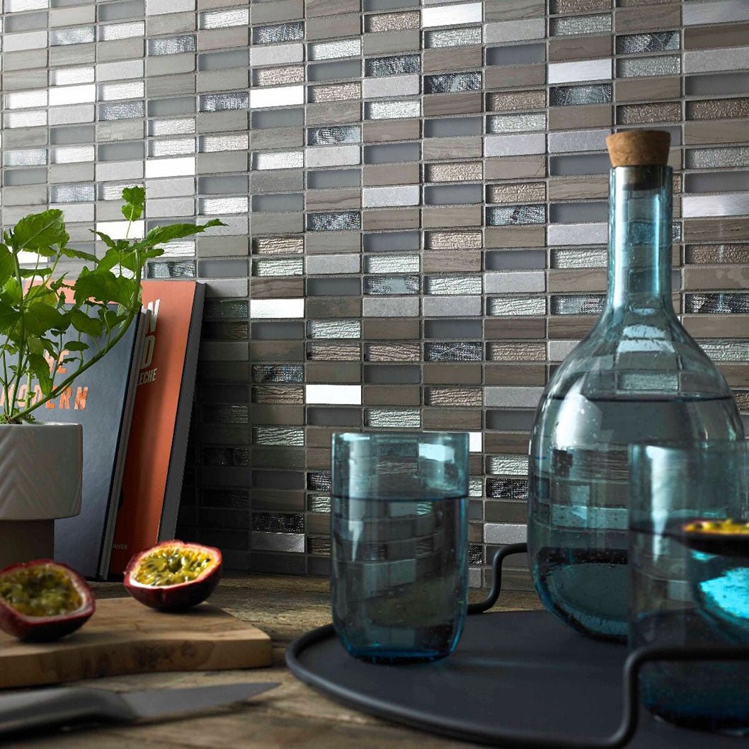 Verona Heydon Beige Mix Stone/Glass & Metal Linear Mosaic 300x305mm - JJ Building Materials