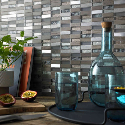 Verona Heydon Beige Mix Stone/Glass & Metal Linear Mosaic 300x305mm - JJ Building Materials