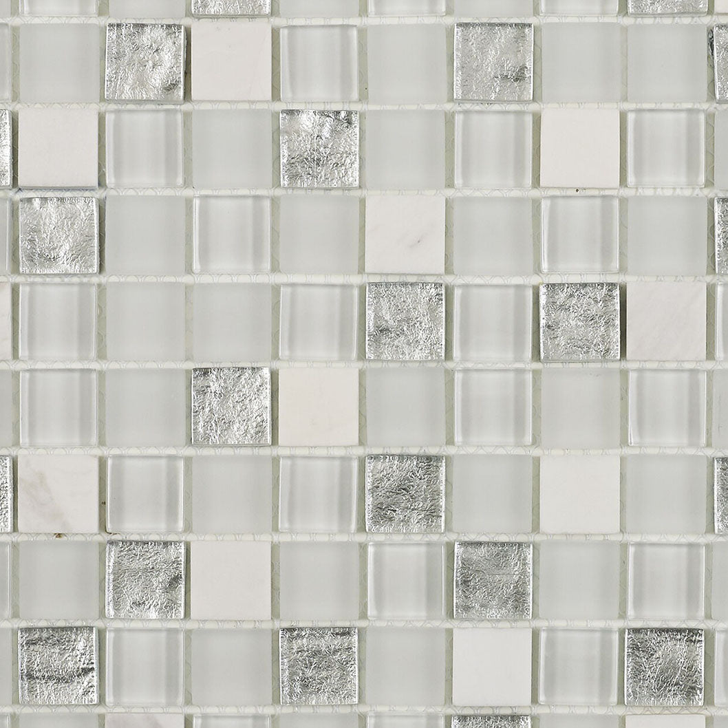 Verona Hutton White/Silver Glass & Stone Mix Mosaic 300x300mm - JJ Building Materials