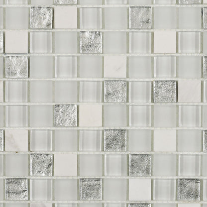 Verona Hutton White/Silver Glass & Stone Mix Mosaic 300x300mm - JJ Building Materials