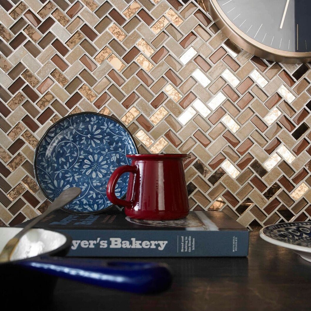 Verona Pence Copper Herringbone Glass & Stone Mosaic 270x290mm - JJ Building Materials