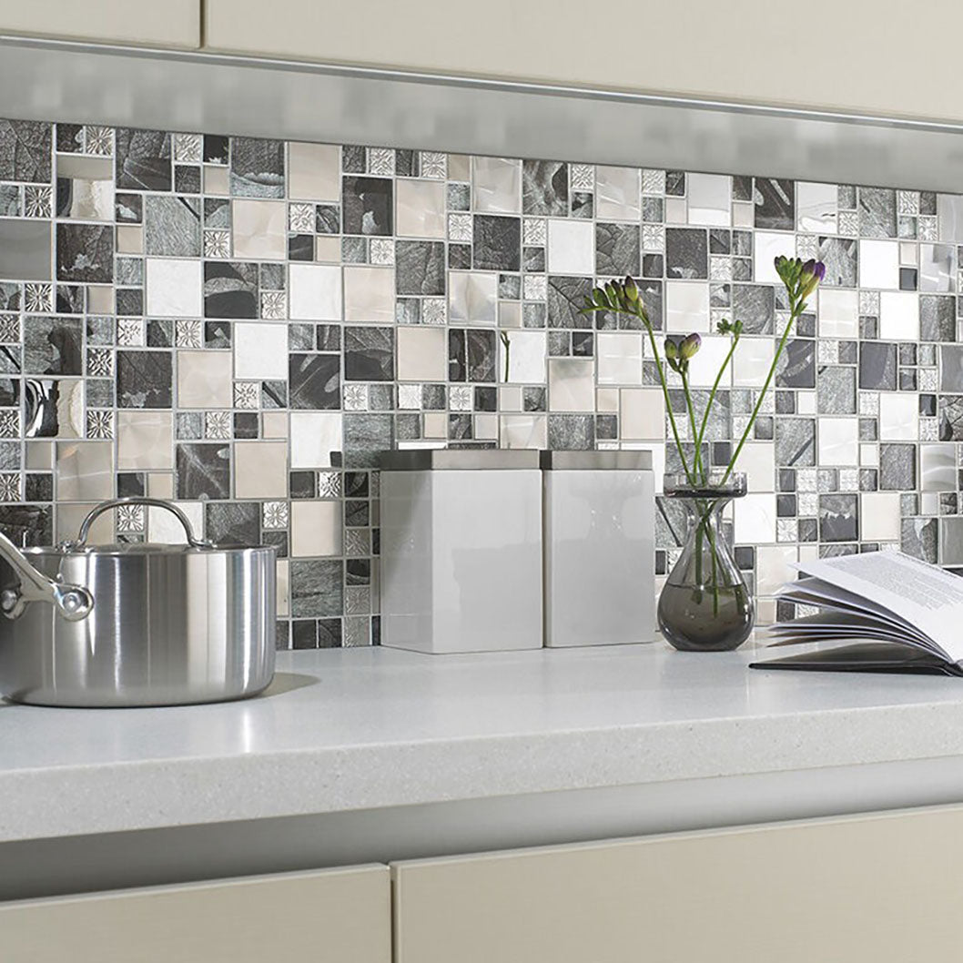 Verona Saturn Silver Glass/Metal Mix Modular Mosaic 300x300mm - JJ Building Materials
